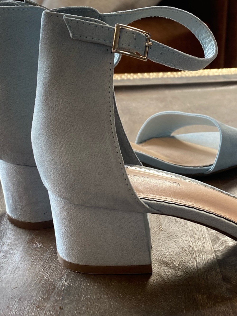 London Fog Light Blue Faux Suede NIKKI Block Heel Sandals - Picture 5 of 8